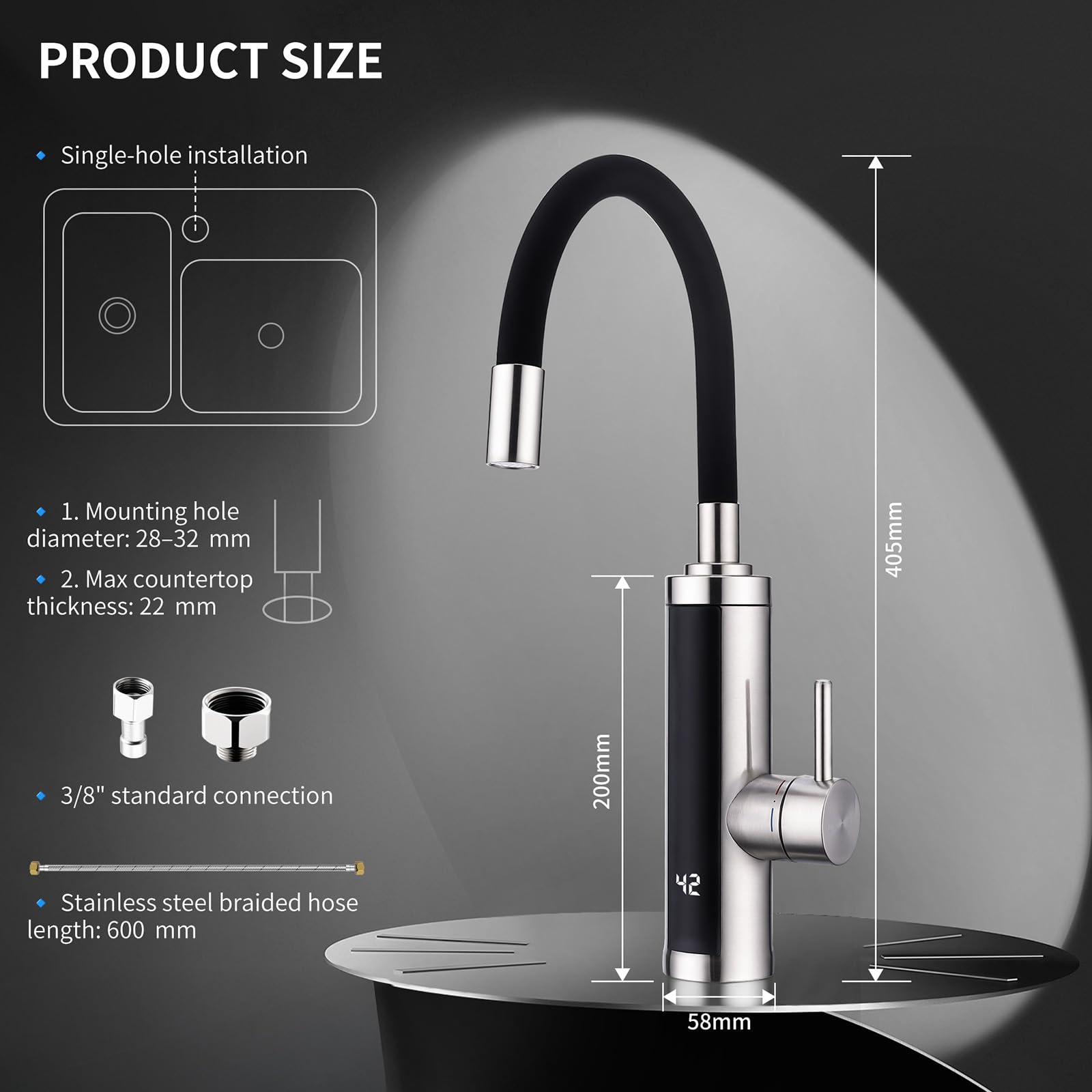 HOMELODY Wasserhahn mit Durchlauferhitzer 230V, 3300W Elektrischer Wasserhahn Sofort Heißes Küchenarmatur mit Flexibler Auslauf & LED-Display, Anti-Spritz Edelstahl Küchenarmatur, 360º Schwenkauslauf
