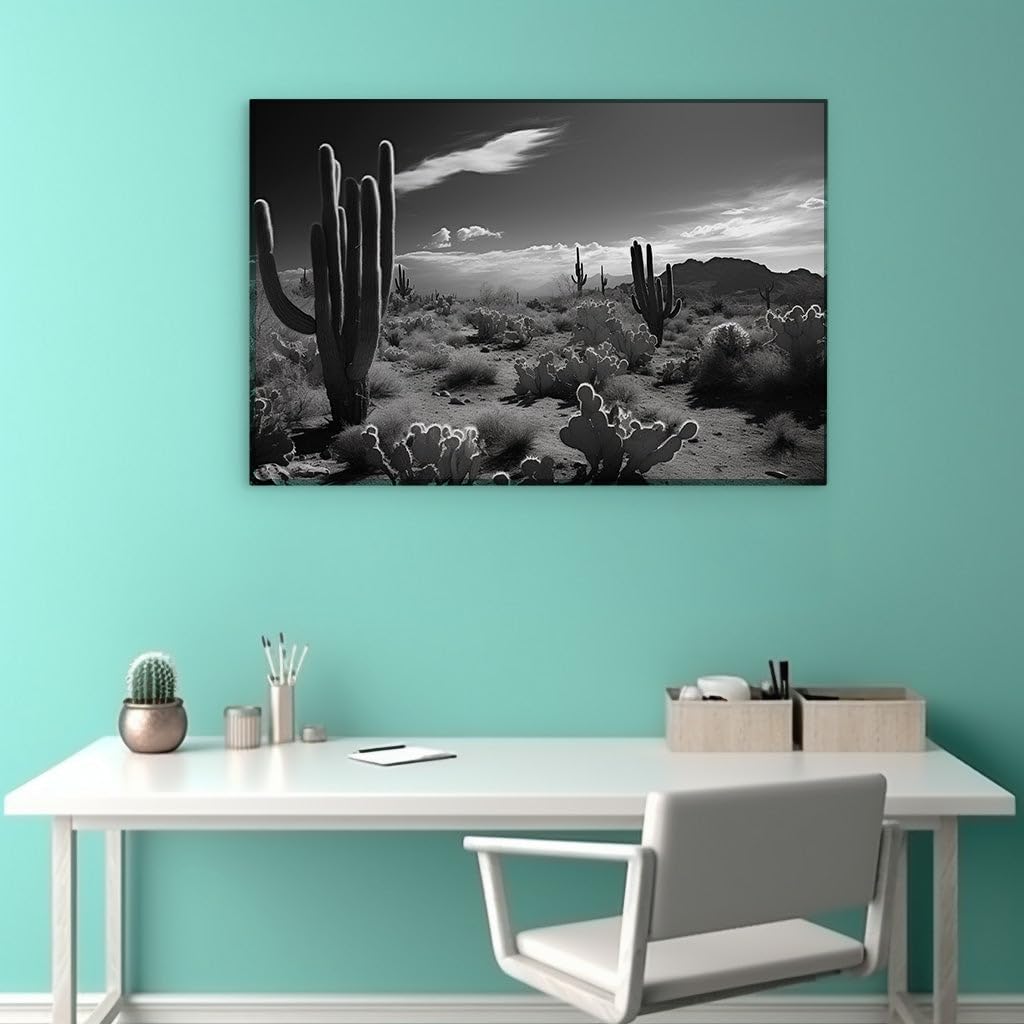 Canvas for Living room. Cacti Silhouettes and Mountain Backdrops � Unveiling the Serene Majesty of the Desert Skies, 27 x 18 inch Canvas Wall Art - Contemporary Masterpieces - Modern Home Decor