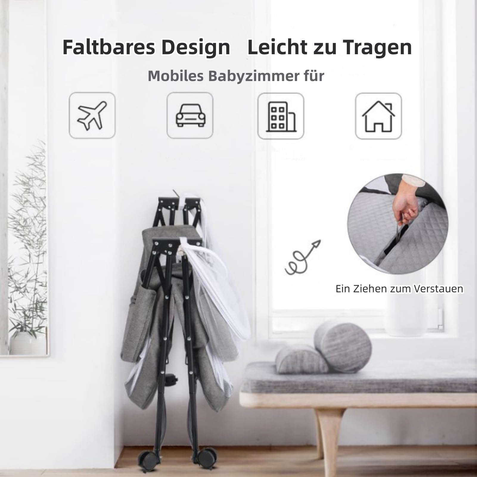 Baiyun Beistellbett Baby, 2 in 1 Babybett und Babywiege, Kinderbett mit Rollen, Moskitonetz, Lagerungstasche und Matratze, Multifunktional Kinderbett Faltbares Tragbares (Modell 4 Grau)