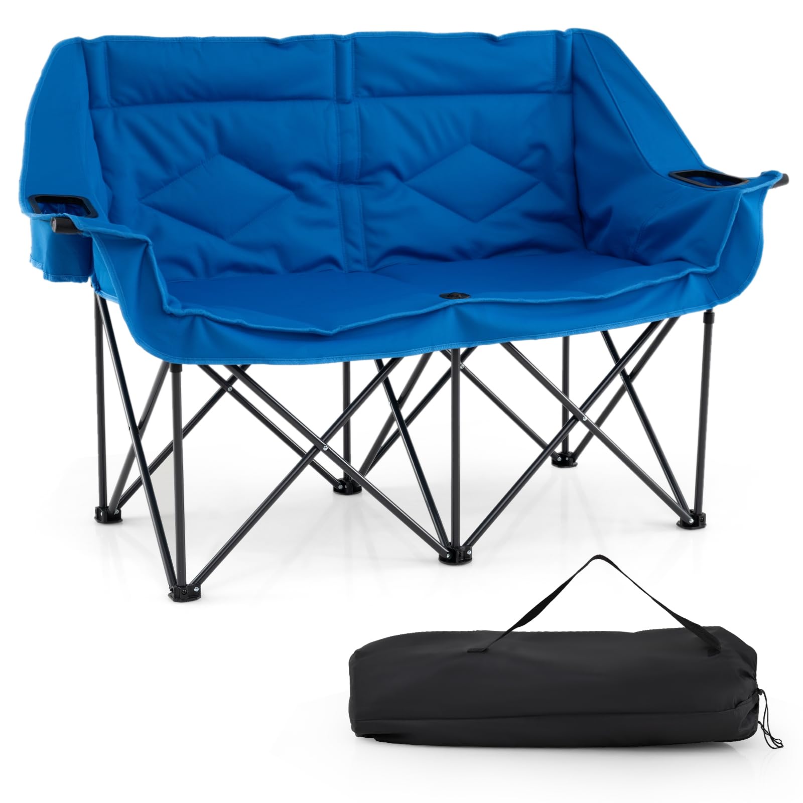 COSTWAY Campingstuhl faltbar für 2 Personen, XXL Campingsofa mit Getränkehaltern, Glashaltern und Netztaschen, 300 kg Tragfähigkeit, gepolsterter Klappstuhl, Faltsofa, Campingcouch
