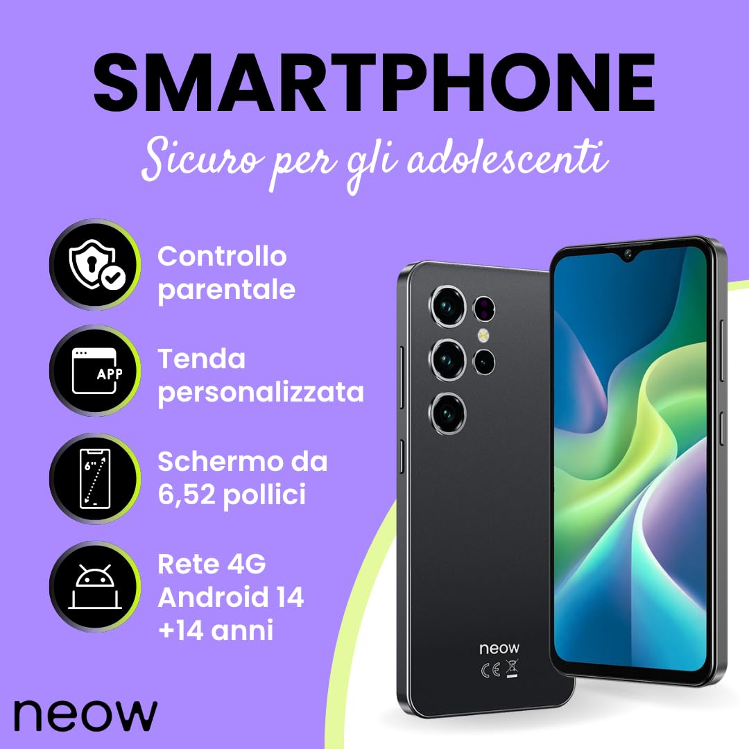 Neow Safe + Smartphone Android 15 4G 128 Go | Schermo HD+ da 6,52" | Smartphone per adolescenti | App scolastiche e divertenti preinstallate | Controllo genitori (nero)