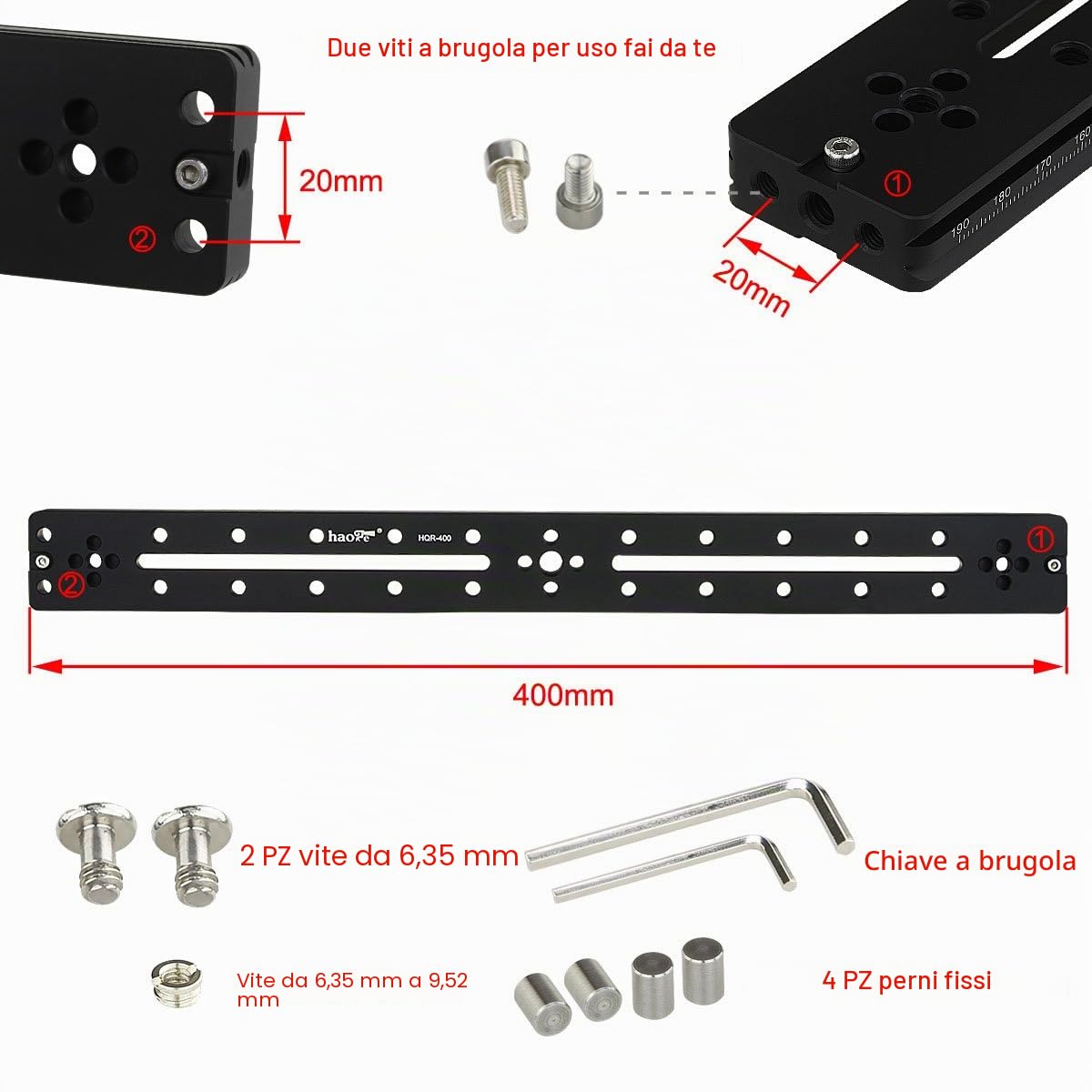 Haoge HQR-400 400 mm Piastra a sgancio rapido multiuso, prolunga, guida scorrevole per treppiede, morsetto a testa sferica, compatibile con Arca Swiss