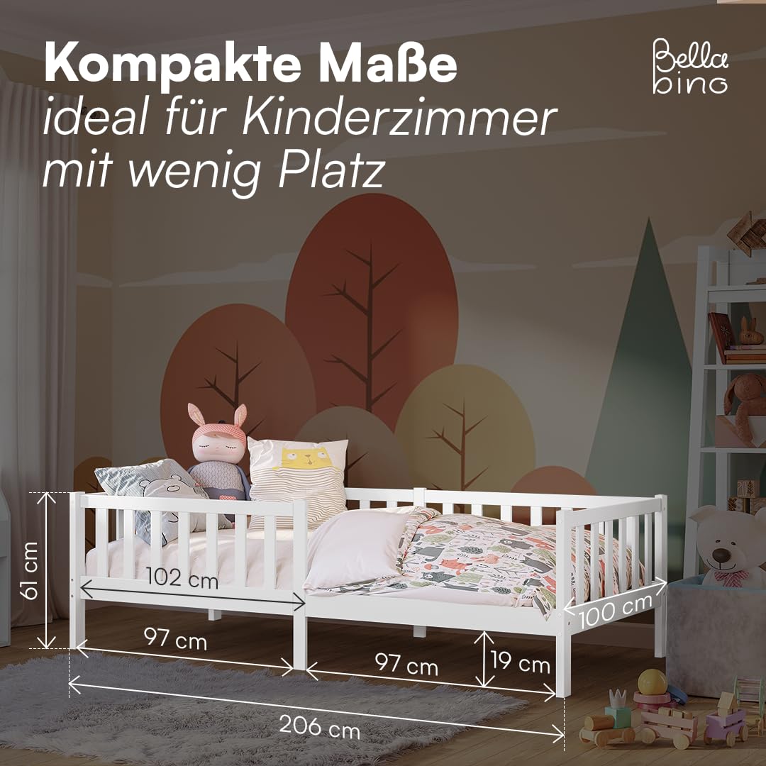 Bellabino Vere Kinderbett 90x200 cm – Montessori Bett mit Rausfallschutz & Lattenrost – Massives Kinder Bett für Jungen & Mädchen aus Holz Kiefer – Kleinkindbett in Weiß