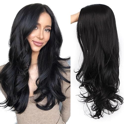 Aisi Queens Pelucas largas onduladas para mujer peluca larga rizada sintética pelucas de fiesta parte media peluca completa aspecto natural M Negro