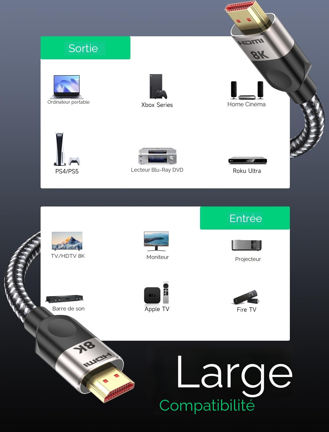 Southlight 10K 8K Câble HDMI 2.1 3M, 8K 60Hz 4K 120Hz 48Gbps Ultra Haut Débit HDR10+ ARC eARC HDCP 2.3 Compatible avec Netflix Roku TV PS5 4 Xbox PC Monitor Projecteur