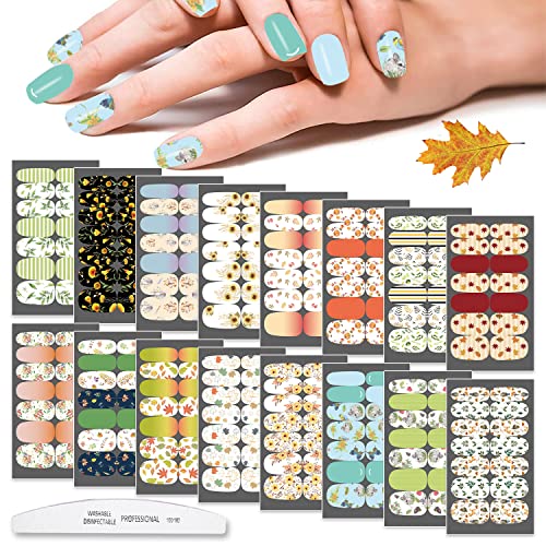 WOKOTO 16 Sheets Flowers Leaves Nail Stickers for Acrylic Nails Flowers Maple Leaf Nail Polish Strips Stickers Full Nail Wraps for Women With Nail File Press On Nail Polish Stickers Nail Art Wraps
