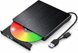 External CD DVD Drive for Laptop, Slim Portable Player CD DVD RW Writer Reader Burner, USB 3.0 and Type-C Optical, Compatible with Laptop Desktop PC Windows XP/7/8/10/11 Mac