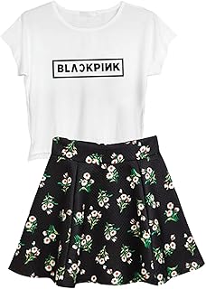 KPOP BTS Blackpink Ikon Seventeen Stray Kids Twice Wanna One Top + Floral Skirt Set 2pcs Dress