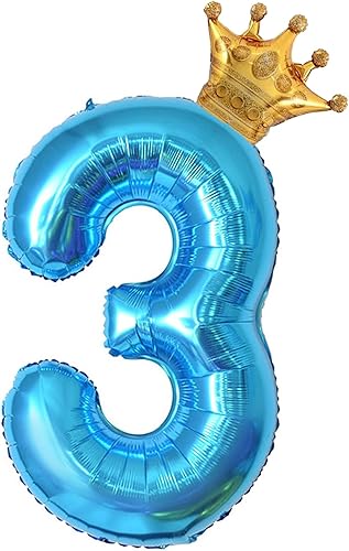 Globo azul claro de 40 pulgadas con número 3 y corona pequeña para decoraciones de fiesta de cumpleaños, decoraciones de fiesta de tercer