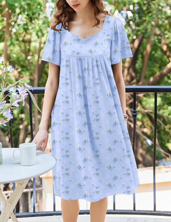 Image of Ekouaer Women's House Dress - Pleated Nightgown with Short Sleeves & Pockets