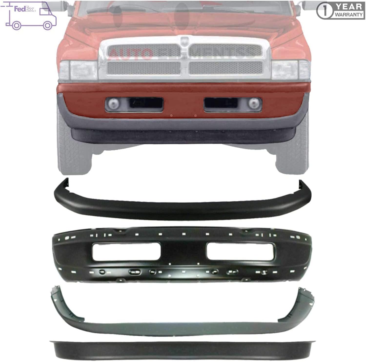 Front Bumper Primed Black Paintable Steel + Upper + Lower Cover + Valance For 1994-2001 Dodge Ram 1500/1994-2002 Ram 2500 3500 Direct Replacement