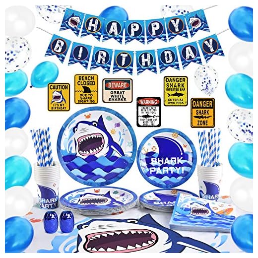 WERNNSAI Tiburón Conjunto de Suministros para la Fiesta - 175 PCS Azul Decoraciones de Fiesta para niños Cumpleaños Bandera Señales Globos Bolsa de Cubiertos Mantel Platos Tazas Servilletas Pajitas