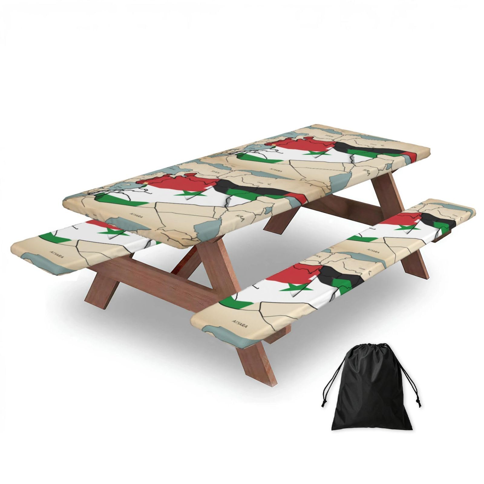 Duwaa Black Syrian Arab Republic Flag Map03 Print 183Cm Picnic Table Cover With Bench Covers, Waterproof Elastic Tablecloth Set For Outdoor