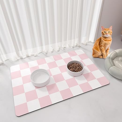 Cat Food Mat BLESWIN - 51 x 12.5 cm Dog Bowl Mat, Checkered Placemat for Pets, Non-Slip Pet Mat for Messy Drinkers, Pink and White