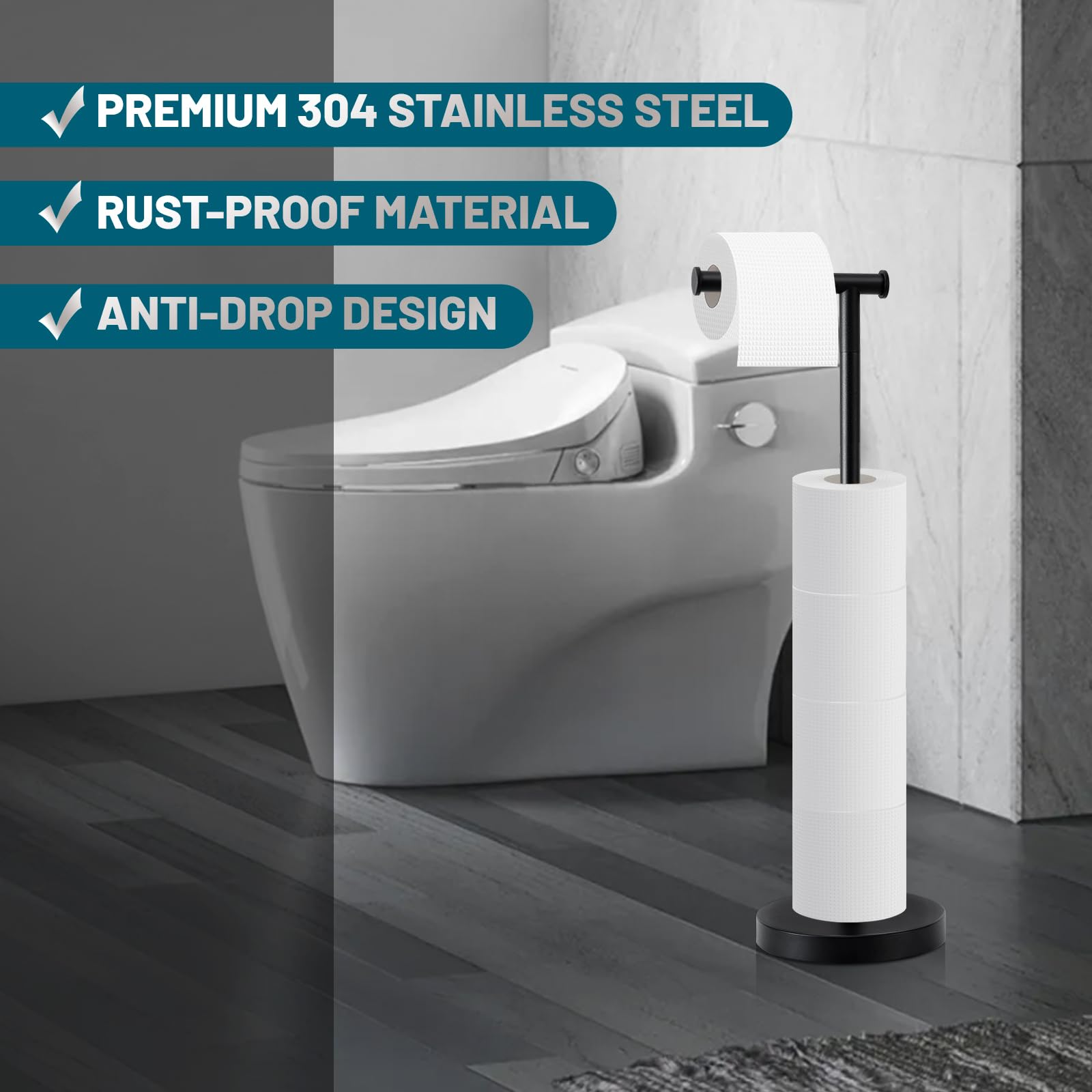Toilet Paper Holder Stand, Toilet Paper Holder Free Standing with Stable Weighted Base - Image 2