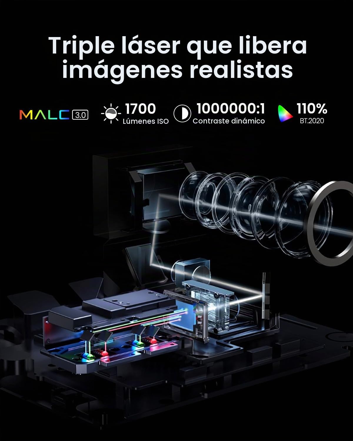 JMGO N1S 4K Proyector Portatil, Triple Laser, 1700 ISO Lumens, Gimbal Instantáneo Autofocus, Google TV, Netflix, 110% BT.2020, HDR10, Audio Dolby 10W, BLU-Ray 3D, 200" para Exterior, Gaming, Fiestas