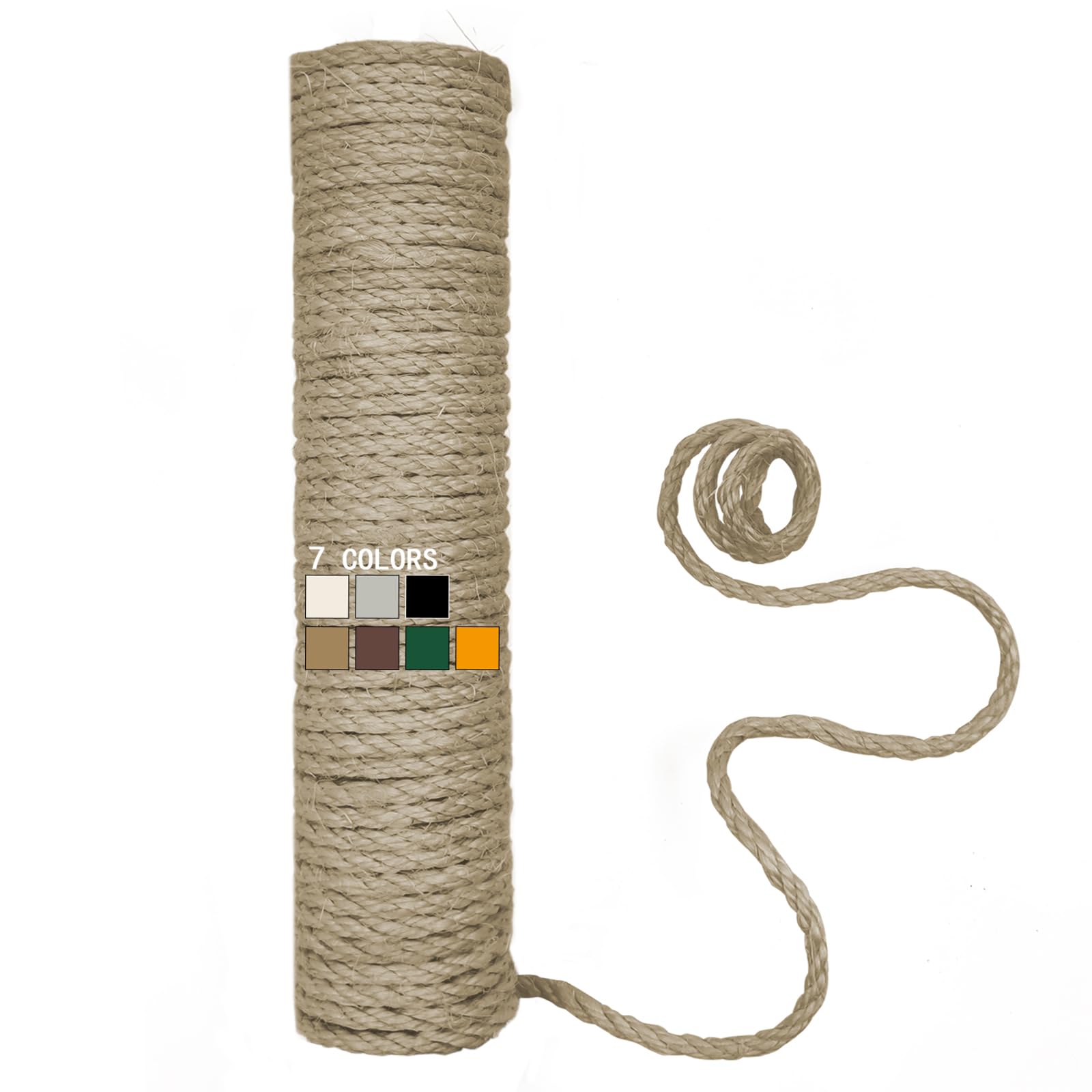 XRzitky Natural Sisal Rope for Cat Scratcher, 1/4 Inch 65FT Sisal Rope for Cat Scratching Post Repair Replacement, Multi Color Cat Scratch Tree Rope