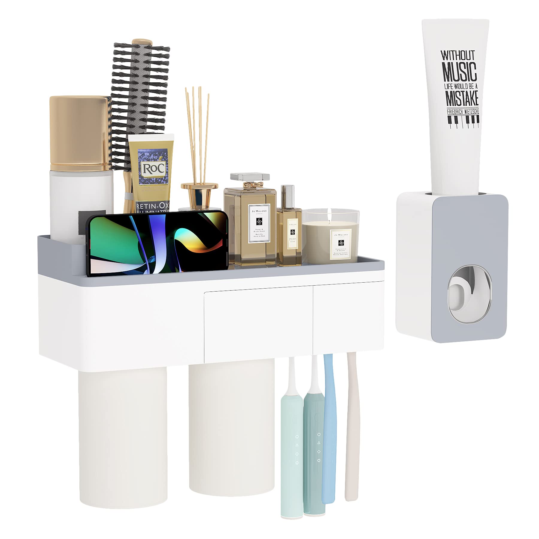 Multifunctional Toothbrush Holder, 1Easylife Wall Mounted Toothbrush Holder Set with Auto Toothpaste Dispenser, 4 Toothbrush Slots, 2 Cups, Phone Holder & Drawer Organizer for Bathroom & Washroom