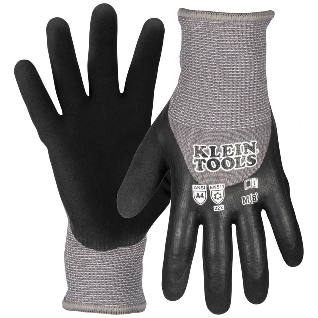 Klein Tools Winter Work Gloves, Knit Dipped ANSI A4 Cut-Resistant, Sandy Latex Coated, Fleece-Lined, Touchscreen Capable