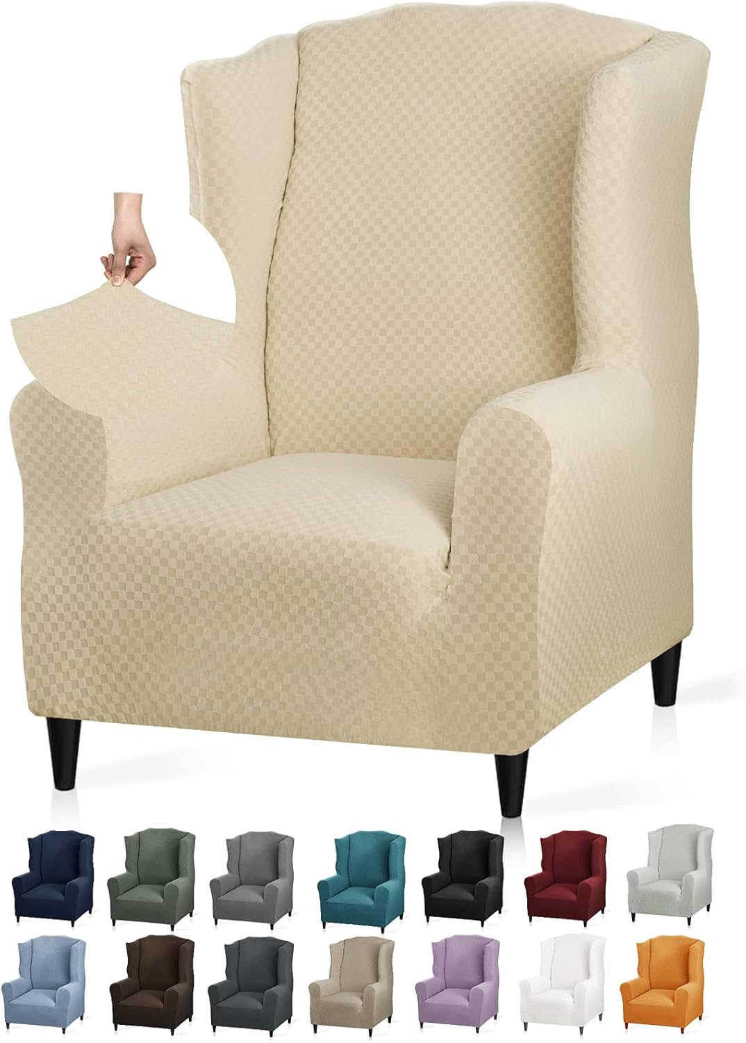 YEMYHOM 1 Piece Stretch Wingback Chair Slipcover Latest Jacquard Design Wing Chair Cover Non Slip Furniture Protector with Foam Rods for Living Room (Wing Chair, Beige) Wing Chair Beige