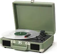 Vitrola Portátil com Maleta em Madeira e Couro, 3 Velocidades + Bluetooth 5.0 - Compatível com Todos Tamanhos de Vinil (7/10/12 Polegadas) (Verde) Vitrola Retro com Transmissão por Correia