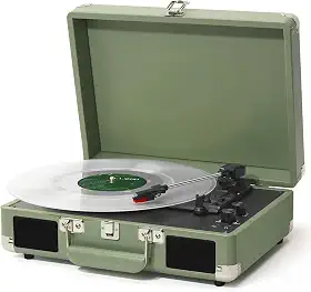 Vitrola Portátil com Maleta em Madeira e Couro, 3 Velocidades + Bluetooth 5.0 - Compatível com Todos Tamanhos de Vinil (7/10/12 Polegadas) (Verde) Vitrola Retro com Transmissão por Correia
