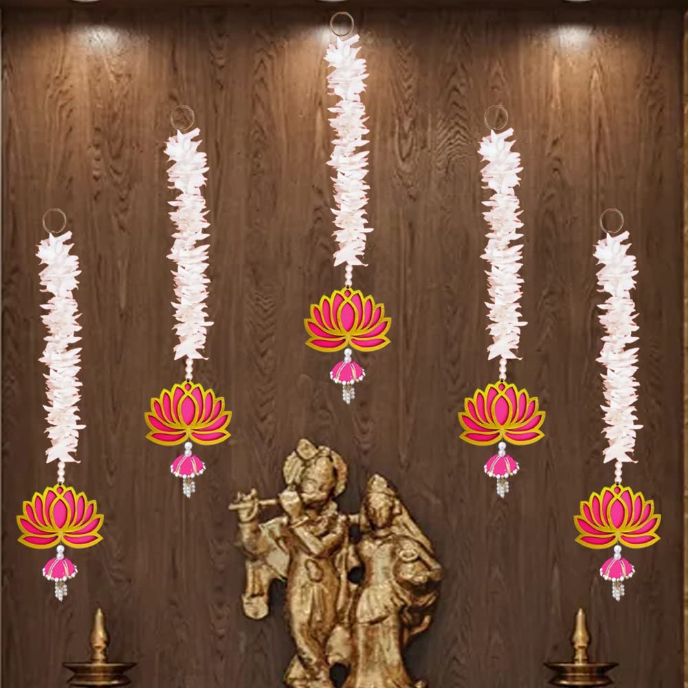 GIFT JAIPUR 5 Pc Long Pink Lotus Gajra Jhumki Latkan Wall Hanging Gift Decorative Showpiece for Diwali Ganesh Chaturthi Pooja Home Wall Decor Temple Wedding Stage Decoration