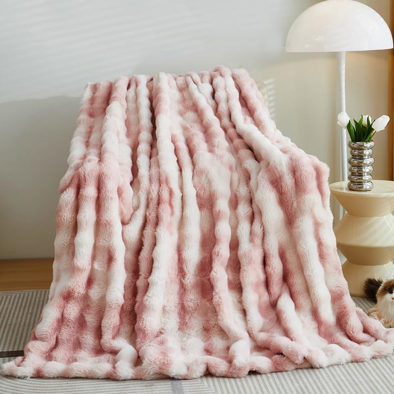 Mingfuxin Luxury Faux Rabbit Fur Throw Blanket, Warm Soft Cozy Plush Fleece Blankets Fluffy Thick Double Layer 1200 GSM Blankets Bed Throws for Living Room Bedroom Sofa Couch Bed