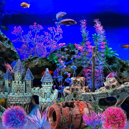 Image of Zeyune 18 Pcs Fish Tank Decorations Artificial Plastic Plants Decoration and Rock Cave Decor Set Aquarium Decor Resin Castle Sunken Ship Starfish Barrel Goldfish Betta Tank Accessories Purple Ornament