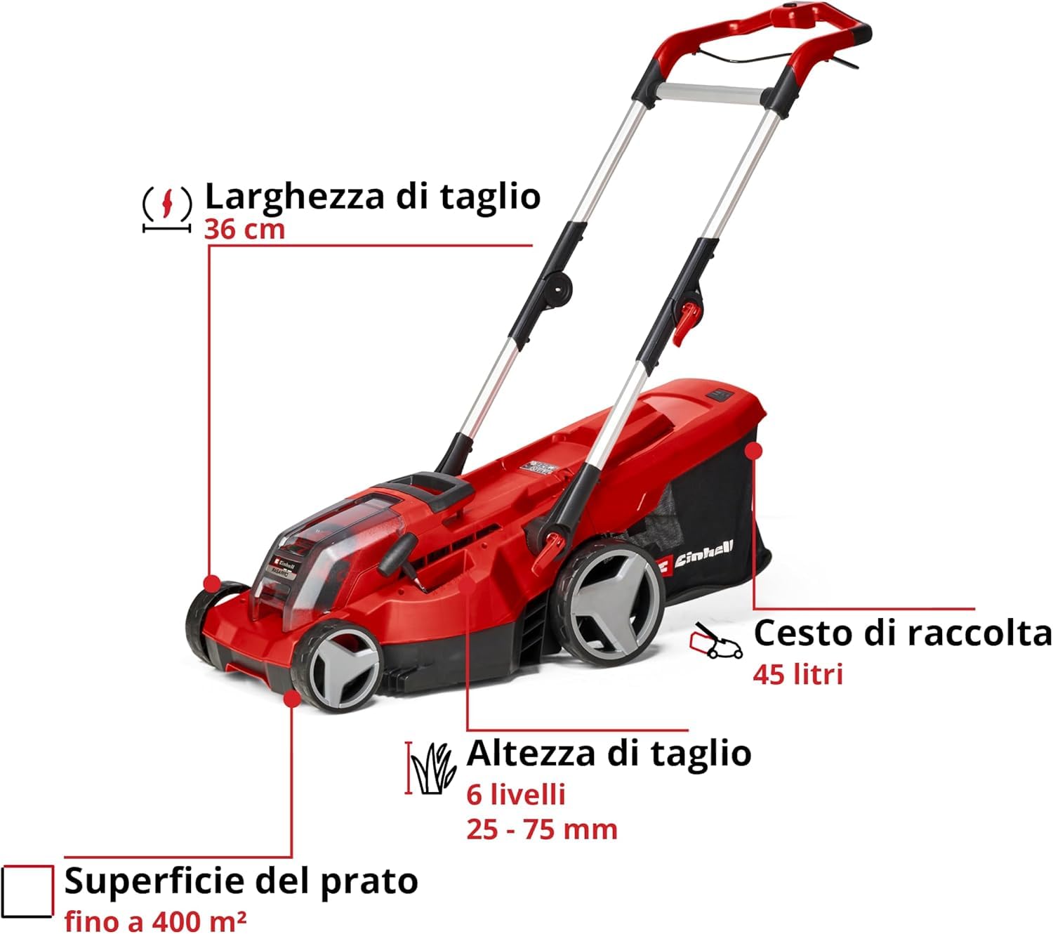 Einhell Tagliaerba a batteria RASARRO 36/36 Kit Power X-Change (36 V, largh. di taglio 36 cm, fino a 400 m², vano 45 l, alt. di taglio 25-75 mm, incl. 2 batterie 3,0 Ah Plus + 2 caricabatteria)