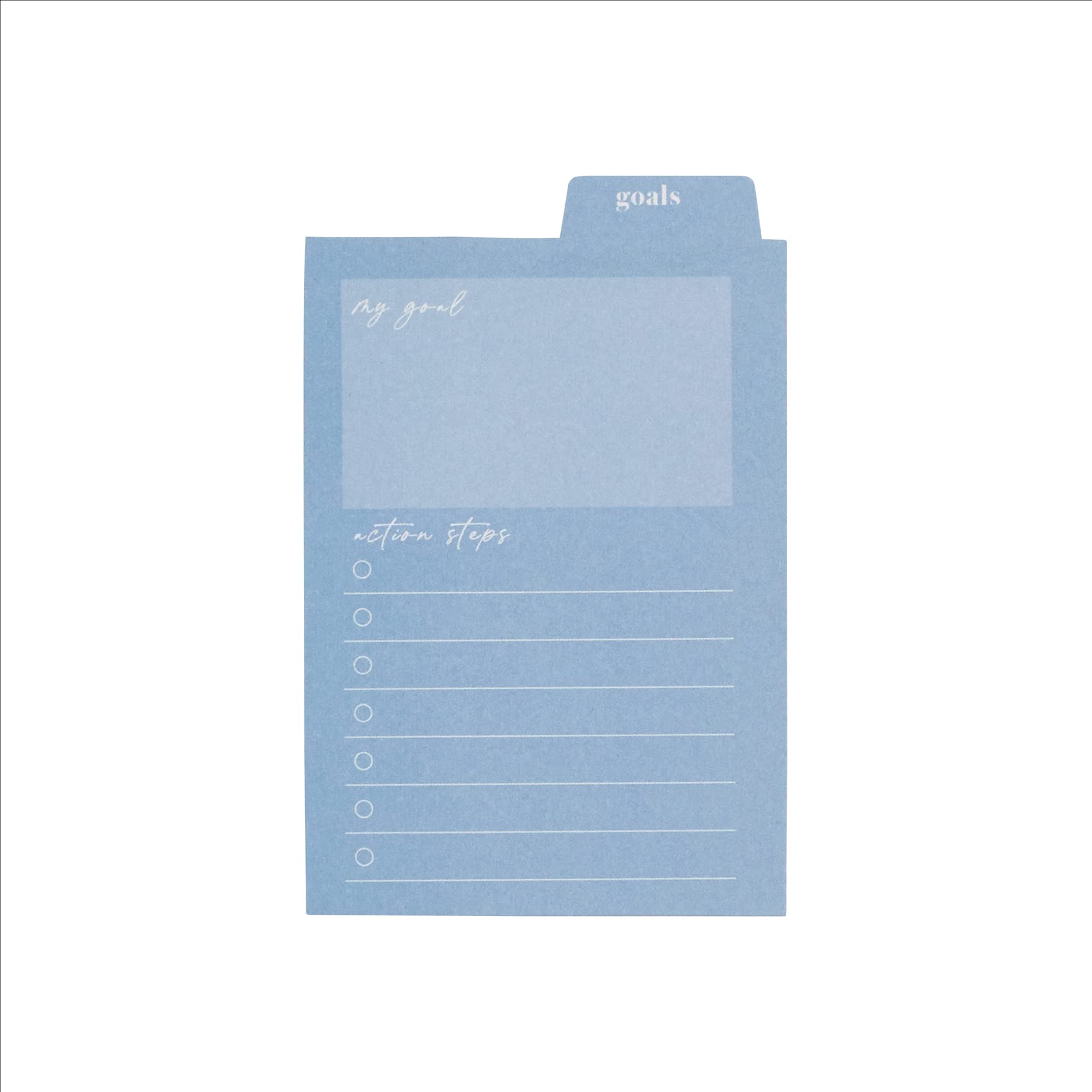 Tabbed Sticky Notes - Blue. Goals Layout. Set Goals, Track Progress, Check Off Accomplishments and Tab Important Pages. Boxed and Checklist Sections. 3.15" X 3.85". 20 Sheets by Erin Condren.