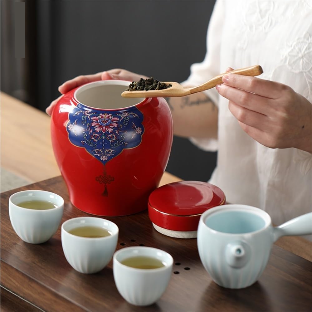 Contenitore per Il tè in Ceramica, Creativo, colorato, in Ceramica, con Coperchio, in Ceramica, sigillato, retrò, Set da tè Cinese, Barattolo Singolo per Il tè (C, Medio)