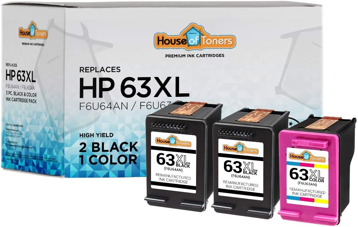 Houseoftoners Remanufactured 3-Pack Ink Cartridges Replacement for HP 63XL Black and Color Envy 4520 Deskjet 1112 2130 3630 3631 3632 Officejet 3830 4650 4655 5212 5255 5258 (2-Black & 1-Tri-Color)