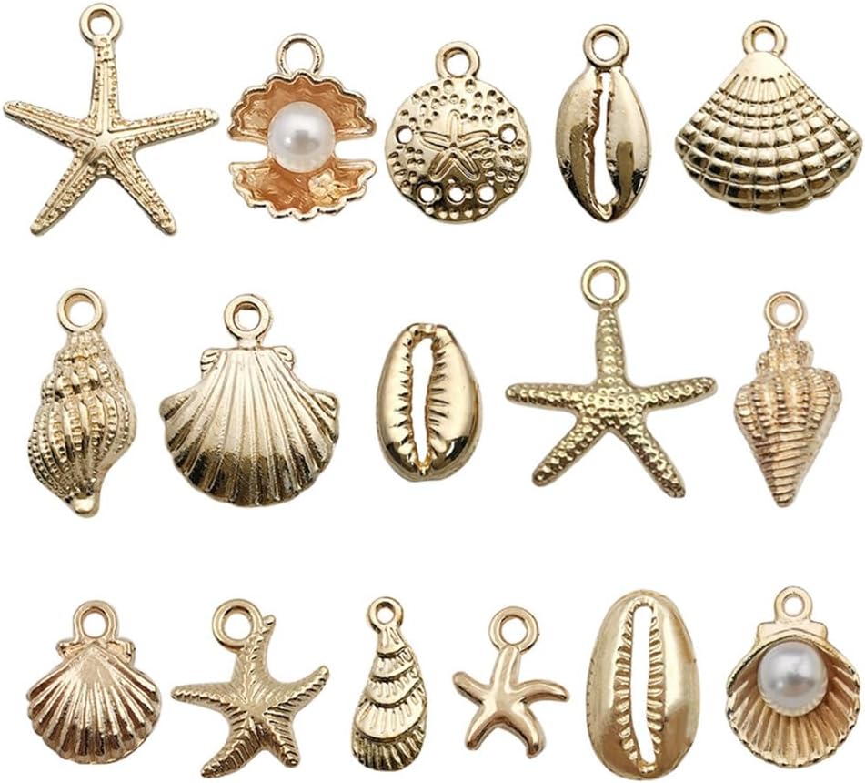 16Pcs Beach Charms, Summer Pendant Alloy Starfish, Seashells and Conches Beach Charms for Jewelry Making, Necklace Bracelet Earrings Crafting DIY