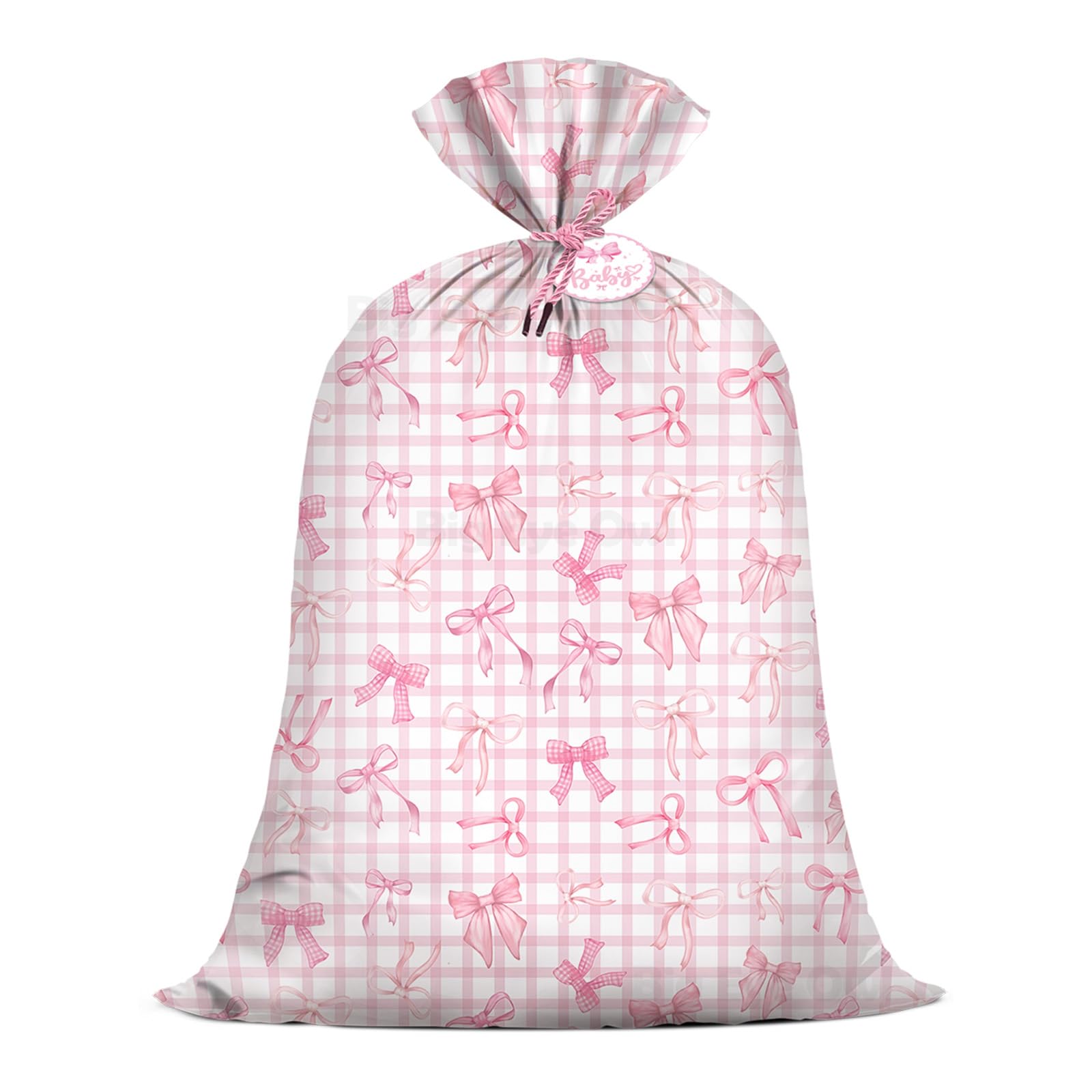 Extra Large Pink Gingham Bow Plastic Gift Bag 56"ร36" Jumbo Present Wrap Bag with Cute Bow Patterns for Girls' Birthday Party Oversized Presents Decoration(1 Pack)