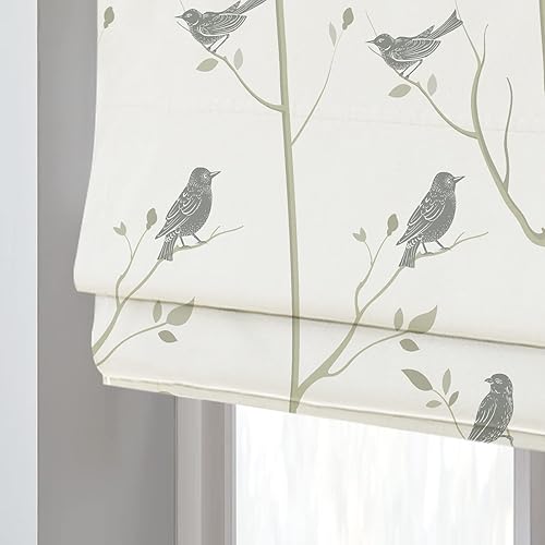 Miniatura 1 de DEJAVU Persianas romanas para ventanas, cortinas romanas de tela con patrón de pájaros grises y ramas, persianas romanas opacas personalizadas con