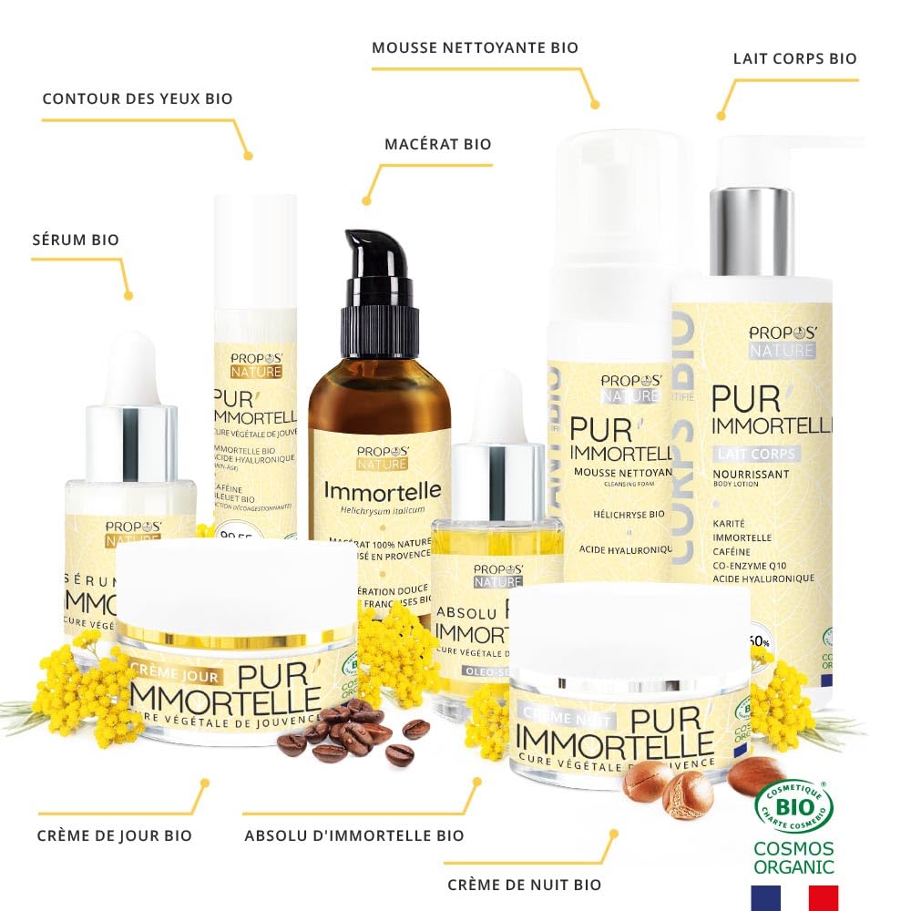 Crème visage Nuit Pur'Immortelle Bio - Soin anti-âge - Immortelle, Acide hyaluronique, Argan, Onagre - 99% d'origine naturelle - Fabriquée en France- 50 ml - PROPOS'NATURE