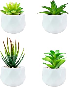 Succulents Artificial Plants Indoors in Mini White Ceramic Pots, Fake Succulents Outdoor, Aesthetic Green Succulents Decor Faux Desk Plant for Bathroom, Bedroom,Living Room,Office,Shelf White