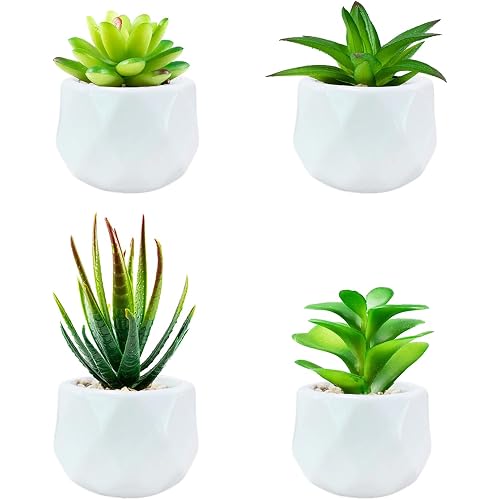 Succulents Artificial Plants Indoors in Mini White Ceramic Pots, Fake Succulents Outdoor, Aesthetic Green Succulents Decor Faux Desk Plant for Bathroom, Bedroom,Living Room,Office,Shelf (White)