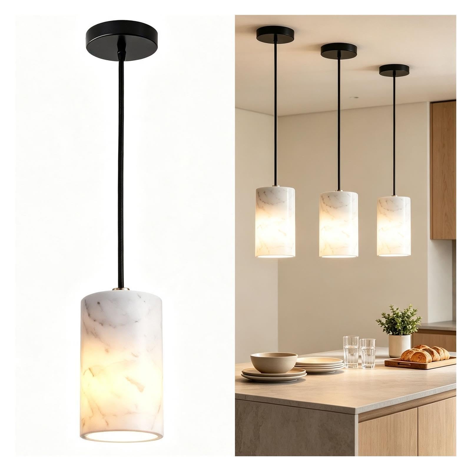 Lampada a sospensione marmo con paralume alabastro, ottone nero