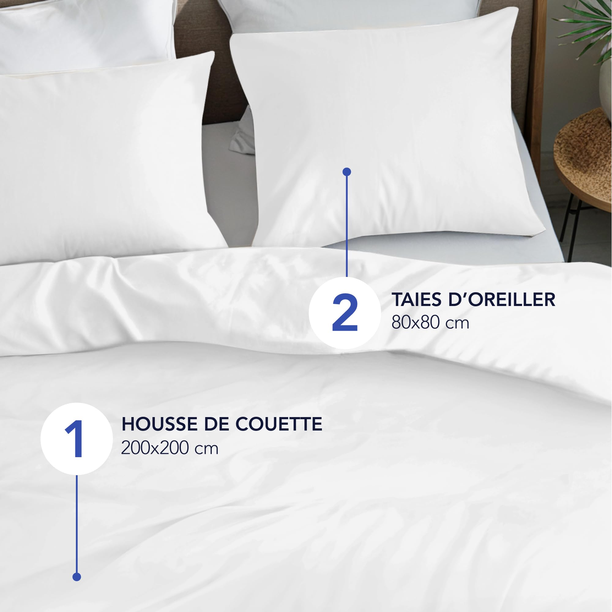 Dreamzie Housse de Couette 200x200 cm et 2 Taie Oreiller 80x80 cm - Blanc - Parure de lit en Satin de Coton - 3 Pièces - Certifié sans Produits Chimiques (Oeko TEX)