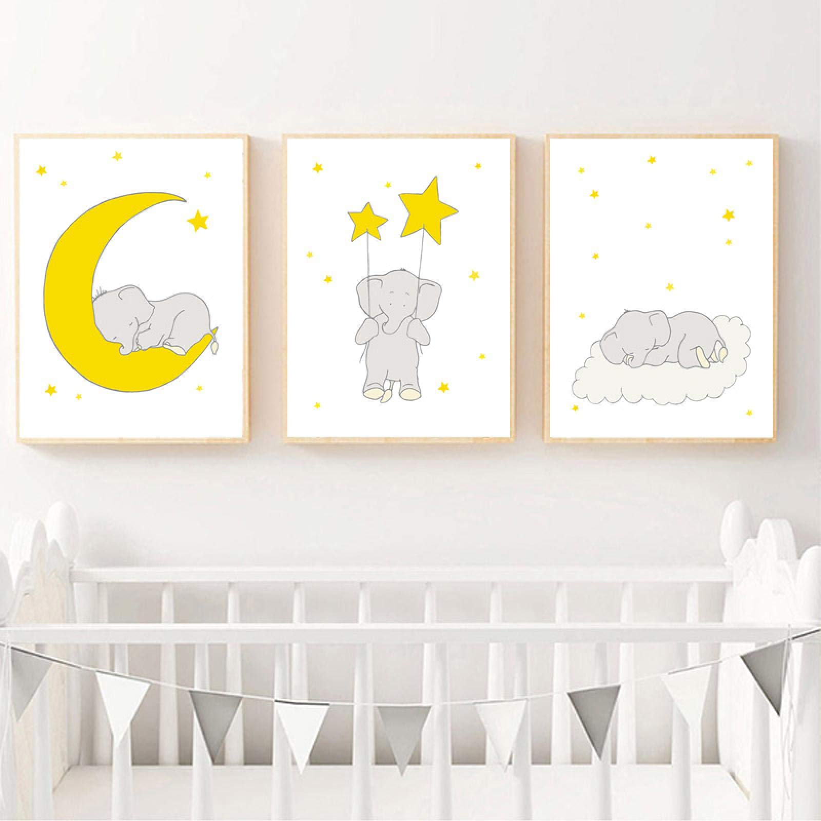 Amarillo bebé elefante luna estrella nube arte de pared lienzo pintura carteles nórdicos e impresiones cuadros de pared para decoración de habitación de niños 40x50cm (16x20in) x3 sin marco