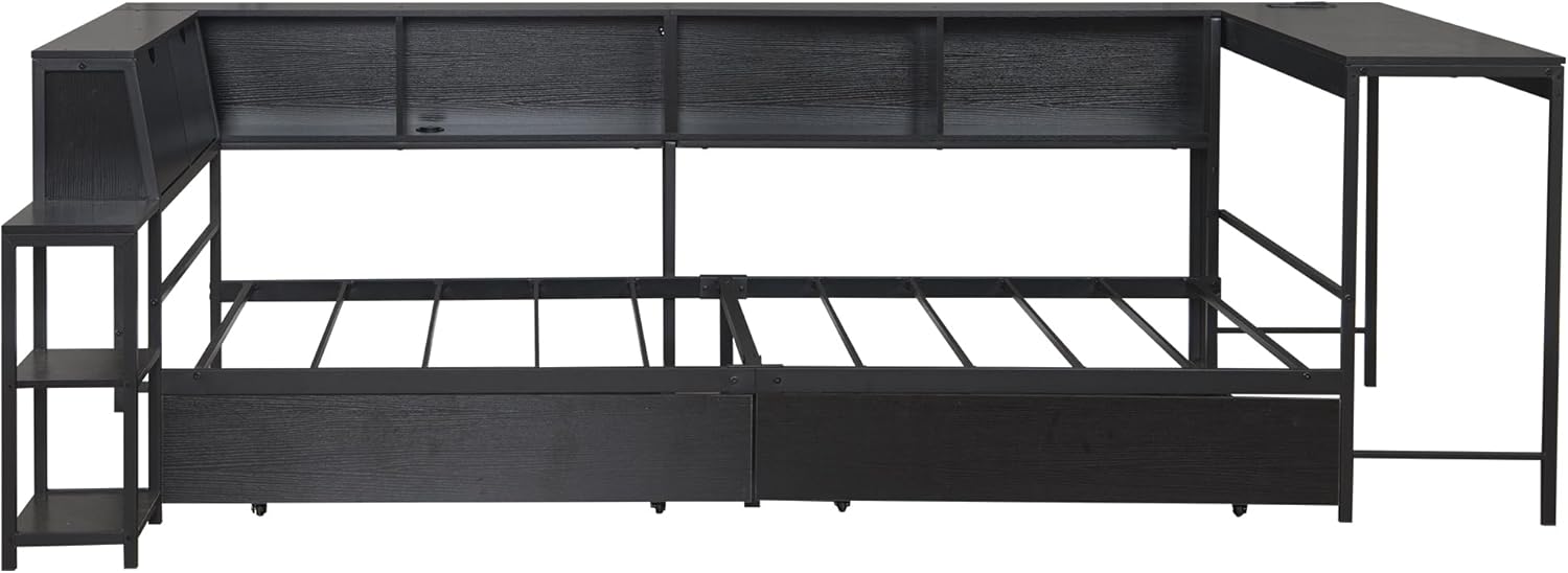 Bellemave Full Size Corner Bed Frame with Storage Drawers, Bookcase and Side Desk, Full Corner Bed with Light and Charging Station, Daybed for Bedroom, Living Room, Guest Room Black