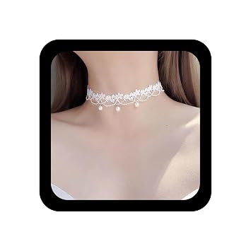 YienDoo Vintage Lace Choker Necklace White Gothic Lace Pattern Punk Tassel White Pearl Beaded Pendant Princess Bridal Lolita Statement Necklace Jewelry For Women