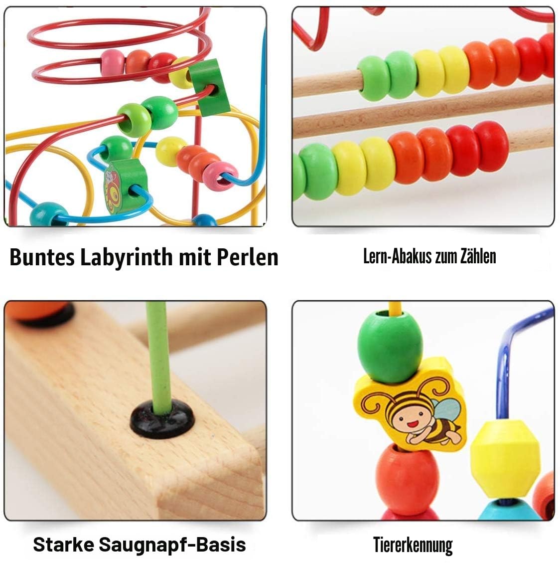 Jacootoys Motorikschleife aus Holz Tier Holzspielzeug mit DREI verschiedenen Schleifen Roller Coaster Motorik Maze Spielzeug für Kinder