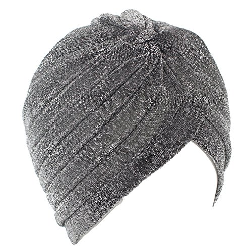 COMVIP Mujeres Pre atado Twisted plisado Wrap capo turbante sombrero Beanie Tamaño libre Plata