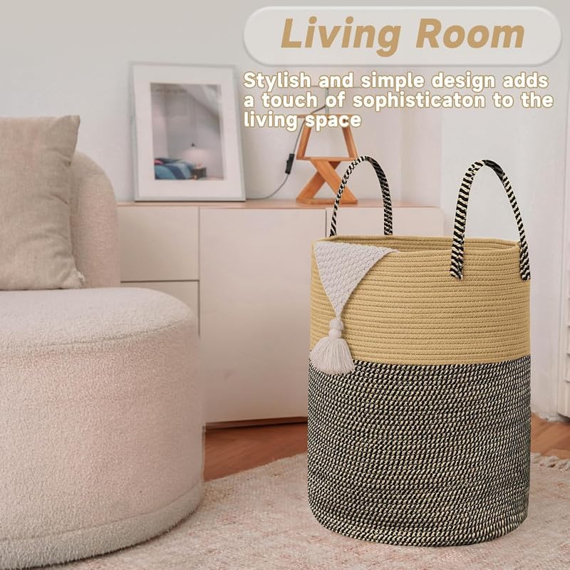 Image of Storage Rope Laundry Hamper Basket for Clothes, Towels and Blankets in Livingroom, Bedroom, Laundry Room and Basket for Nursery Storage (Size - 14 inch x 14 inch x 18 inch) (Black Beige Mix)