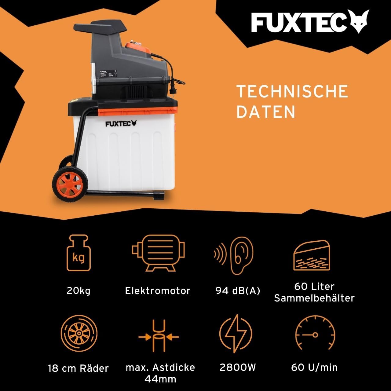 FUXTEC Elektro Gartenhäcksler FX-EGH2800B, Walzenhäcksler mit 2800W Leistung und Rückwärtslauf, zerkleinert Äste bis 44mm Durchmesser, leise & kraftvoll mit 60L Auffangbox und Überlastschutzsystem