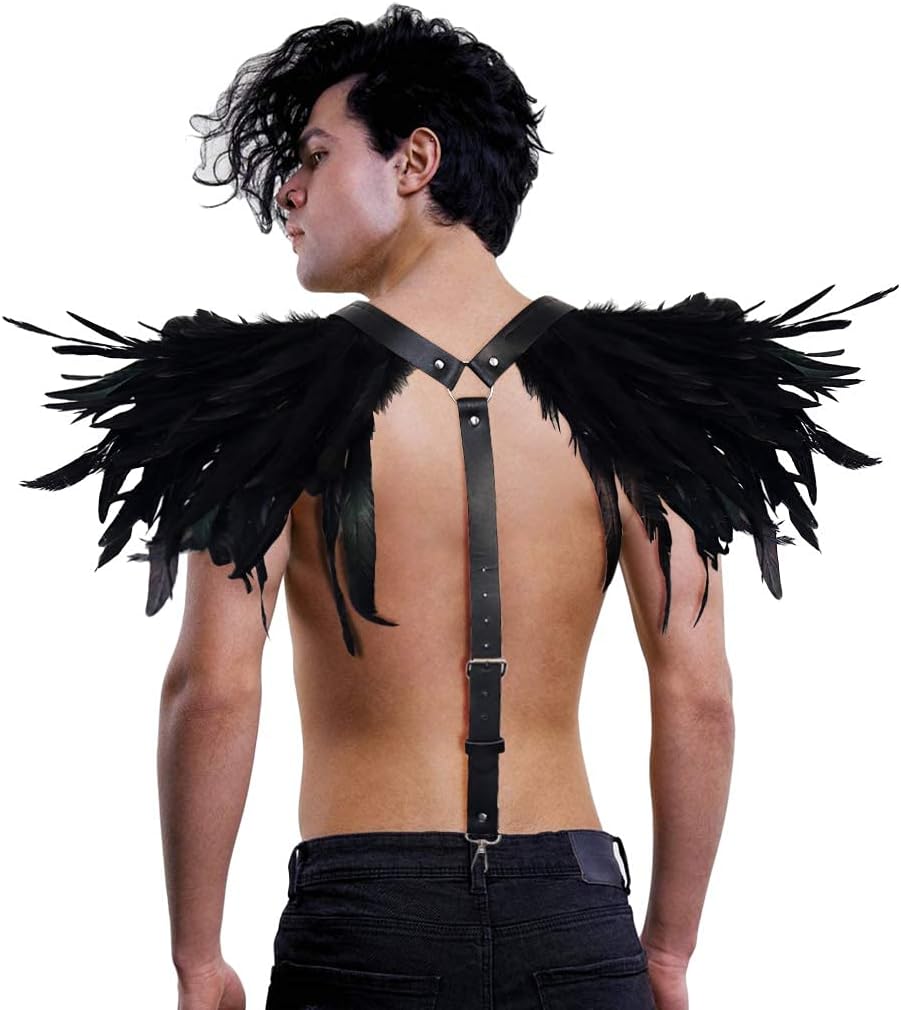 L'VOW Men Gothic Natural Real Feather Epaulet Shrug Shoulder Strap With Belt for Halloween Costume