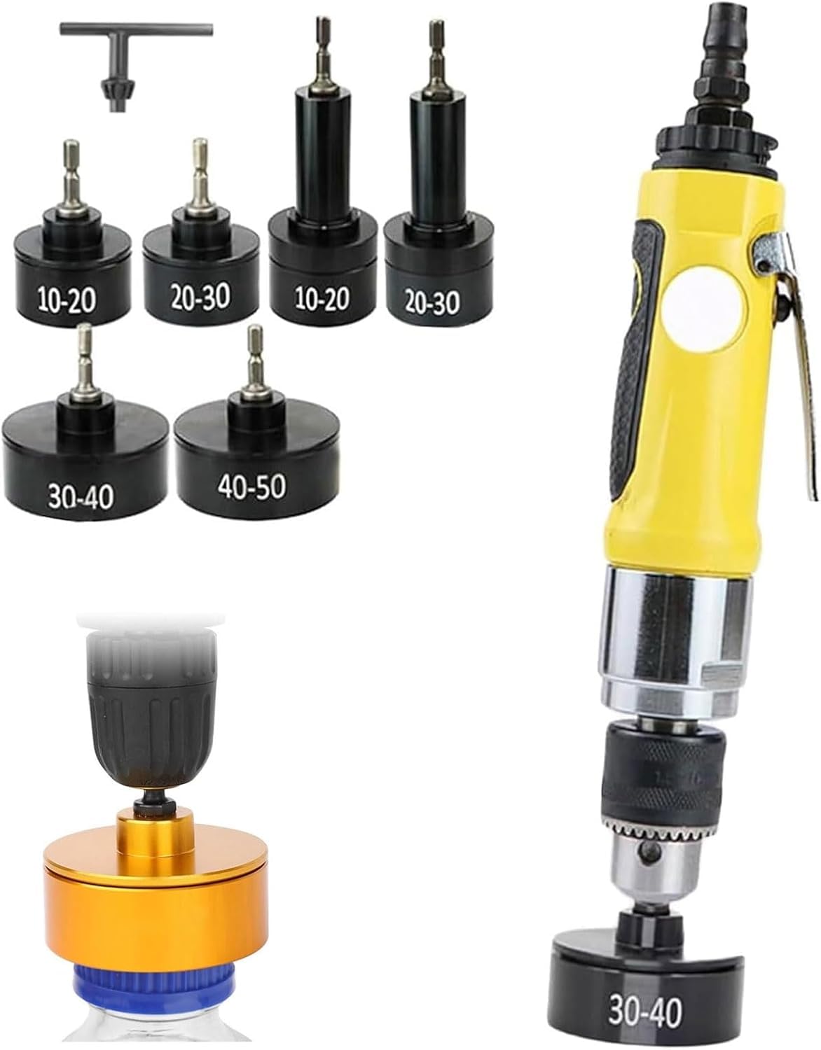 GYKOZY Pneumatic Capping Machine, Handheld Screw Capper with Adjustable Speed, 6 Capping Heads, Portable Bottle Sealing Tool for Plastic Bottles (Φ10-50mm)